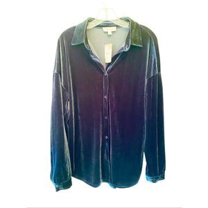 Weekend By Suzanne Betro Blue Velvet Button Down Shirt Sz L NWT